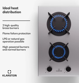 Klarstein Goldflame, gáztűzhely, 2 sárgaréz égő, rozsdamentes acél