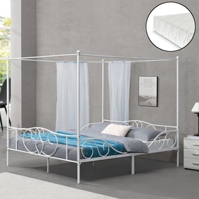 [en.casa] Baldachinos ágy hideghabos matraccal Finström 180 x 200 cm acél kétszemélyes ágy matt fehér