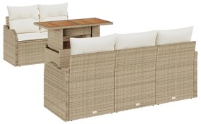 6 darabos kerti sofa készlet párnákkal bézs poli rattan akácfával, 2-személyes kerti sofa párnákkal bézs poli rattan