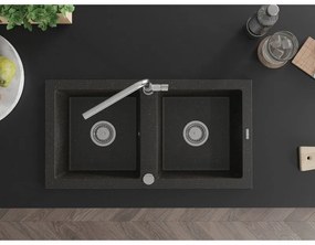 Mexen Mario, 2 kamrás gránit mosogató 820x436x161 mm és Flora mosogató csaptelep, fekete-arany metál, 6504-75-670401-00