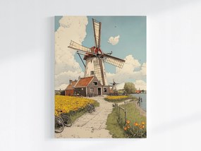 Poszter Tájkép Hollandia Falu Szélmalom Kerékpár Tulipán 75x100