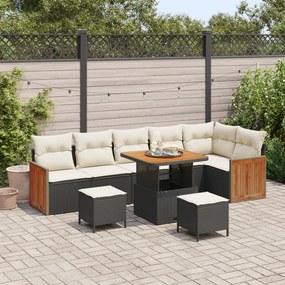 9 darabos kert szófa szett párnákkal fekete poli rattan akác, 3 darabos kert étkező szett párnákkal fekete poli rattan akác
