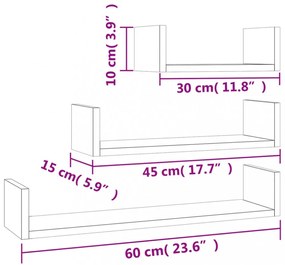 3 db betonszürke szerelt fa fali bemutatópolc