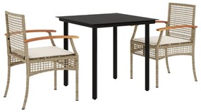 vidaXL 3 részes bézs polyrattan kerti étkezőgarnitúra párnákkal