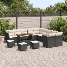 14 Darabos Kerti Sofa Szett Párnákkal Fekete Poli Rattan Akác, 4 Darabos Kerti Étkező Szett Párnákkal Fekete Poli Rattan Akác