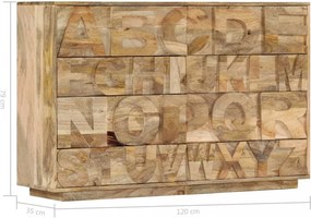 tömör mangófa ábécés szekrény 6 fiókkal 120 x 35 x 79 cm