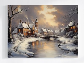 Vászonkép Canvas Tájkép Város Folyó Házak Tél Hó Híd 100x75