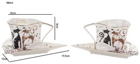 Cicás porcelán kávés csésze alj 2 személyes szett 180 ml kanállal díszdobozban