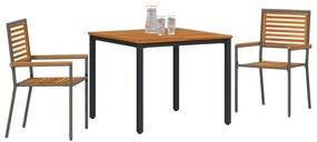 3 darabos Kerti Étkezősor Szürke Poli Rattan Akáccal, Összerakható Kerti Székek Párnákkal 2 db Szürke Poli Rattan, Kerti Asztal 90x90x75 cm Tömör Akácfa és Fém