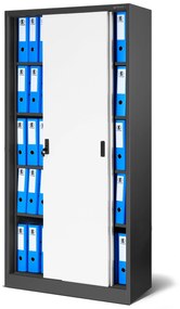 Fém iratszekrény polcokkal tolóajtókkal KUBA, 900 x 1850 x 400 mm, antracit-fehér