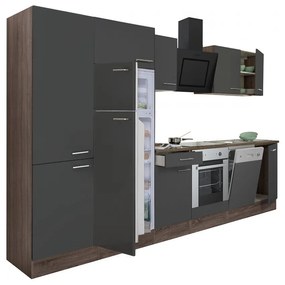 Yorki 340 konyhabútor yorki tölgy korpusz,selyemfényű antracit front alsó sütős elemmel polcos szekrénnyel és felülfagyasztós hűtős szekrénnyel