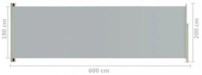 szürke behúzható oldalsó terasznapellenző 200 x 600 cm