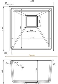 Mosogató Minőségi Argon 50, konyhai gránit mosogató 420x420x225 mm + króm szifon, fehér, SKQ-ARG.W.1KBO.50.X