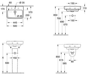 Villeroy & Boch 43445001 - Falra szerelhető mosdó O.NOVO 50x37 cm kerámia/fehér