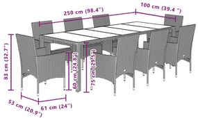 vidaXL 9 részes bézs polyrattan/üveg kerti étkezőgarnitúra párnákkal