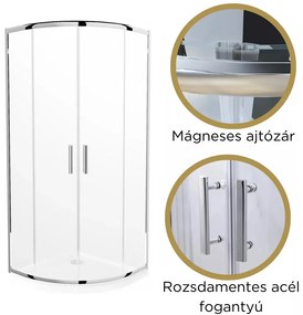 Elio 80X80 cm íves két tolóajtós zuhanykabin 6 mm vízlepergető biztonsági üveggel, krómozott elemekkel, 190 cm magas