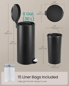 Fém kerek konyhai szemetes, 30 L, pedálos, műanyag belső vödörrel, fekete