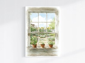 Vászonkép Canvas Ablak Kilátás Kert Virágok Napraforgók Gyógynövények 80x120