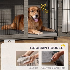 PawHut Benti Kutyaketrec, Oldalasztal, 100 x 60 x 73,5 cm, kutya kennel 30 kg-ig, levehető párnával és zárható ajtóval, könnyű összeszerelés, szürke |