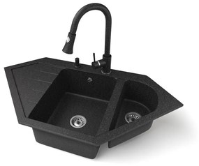 Gránit mosogató NERO Joker + kihúzható zuhanyfejes Snake csaptelep + adagoló (fekete)