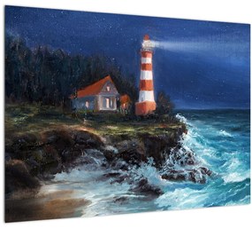 Kép - világítótorony az óceán partján, akvarell (üvegen) (70x50 cm)