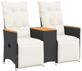 2 személyes fekete polyrattan dönthető kerti kanapé asztallal