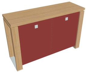 Verno+ alacsony szekrény 140 x 46 x 90 cm, üvegajtó, világos tölgy / piros