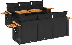 vidaXL 7 részes fekete polyrattan akácfa kerti ülőgarnitúra párnával