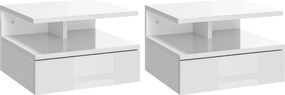 HOMCOM 2 db Felfüggeszthető Éjjeli Szekrény 1 Fiókkal és Nyitott Polccal a Hálószobába 35x32x22.5 cm Fényes Fehér | Aosom