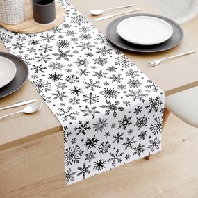 Goldea karácsonyi pamut asztali futó - cikkszám 1160 fekete hópihék fehér alapon 20x140 cm