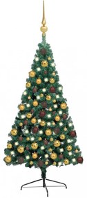 Zöld fél műkarácsonyfa LED fényekkel és gömbszettel 180 cm