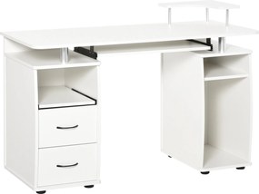 HOMCOM Íróasztal Polcokkal, Számítógép Asztal 2 Fiókkal, Levehető Billentyűzet Tálca és Monitor Állvány CPU-val, Irodai Tanulmányhoz 120x55x85 cm Fehé