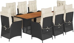 vidaXL 9 részes fekete polyrattan kerti étkezőgarnitúra párnákkal