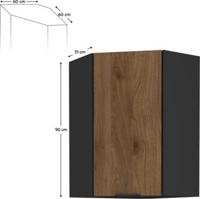 Felső sarokszekrény okapi dió/fekete, MENZO 60x60 GN-90 1F