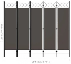 antracitszürke 5 paneles paraván 200 x 180 cm