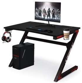 Gamer számítógépasztal pohártartóval és fejhallgató-akasztóval, 115x70x76cm - fekete, piros