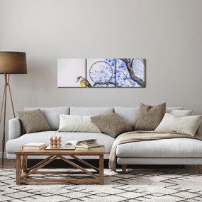 Kép - Madár egy fán kék virágokkal (órával) (90x30 cm)