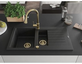 Mexen Matias, gránit mosogató 900x505x200 mm, 1,5 kamrás, fekete-ezüst metál arany szifonnal, 6502901505-73-G