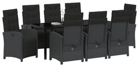 9 darabos kerti étkezőszett párnákkal fekete poli rattan, kerti asztal fekete 200x80x73 cm edzett üveggel