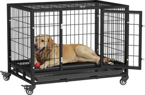 PawHut Fém Kutyaketrec Kerekekkel és Fékkel, Mosható Tálcával és Zárható Ajtóval Golden Retriever és Labrador számára, 92x62x75 cm, Fekete | Aosom