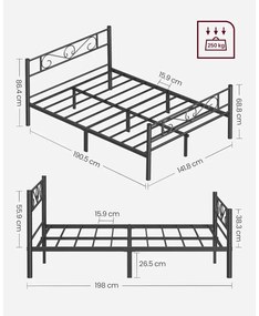 Kétszemélyes fém ágykeret, 140 x 190 cm, fekete