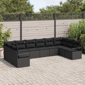 10 részes kertibútor szett párnákkal fekete poli rattan, 2 fős kertibútor párnákkal fekete poli rattan