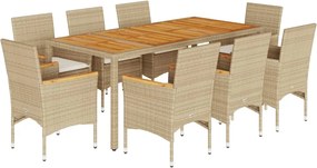 vidaXL 9 részes bézs polyrattan/akácfa kerti étkezőgarnitúra párnákkal