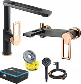 Kádtöltő csaptelep mosdóval fekete arany Loft zuhanyszett szett