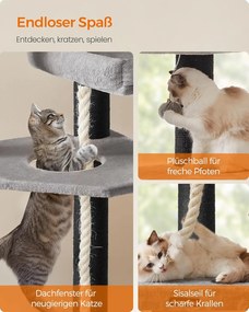 Nagy, Többszintes Macskabútor XXL 55 x 55 x 186,7 cm, szürke, fekete