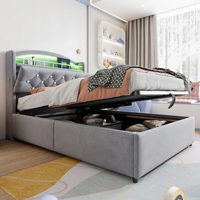 Gyerekágy Kárpitozott ágy 90x200 egyszemélyes ágy Led Usb szürke