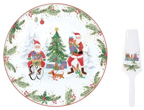 Joyful Santa porcelán karácsonyi kerek tortatál lapáttal, 32cm, díszdobozban