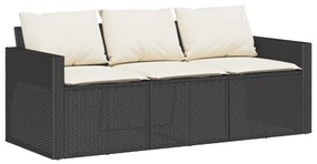 Fekete 3 személyes polyrattan kerti kanapé párnákkal