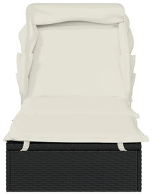 fekete polyrattan napozóágy összecsukható tetővel 213x63x97 cm