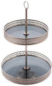 Asztali kínáló 2 emeletes, ezüst színű fém, üvegbetéttel, 25x25x40cm